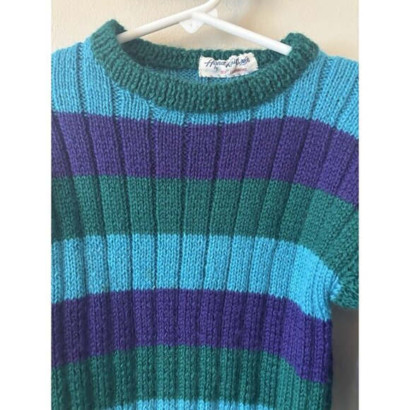 Vintage Boys Handmade Hand Knit Striped Sweater Green Blue Purple - Picture 2 of 4